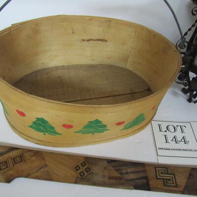 Wood Handled Basket, Outdoor Metal Candle Holder, 2 Decorative Vintage Wood Pieces