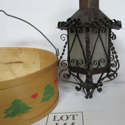 Wood Handled Basket, Outdoor Metal Candle Holder, 2 Decorative Vintage Wood Pieces
