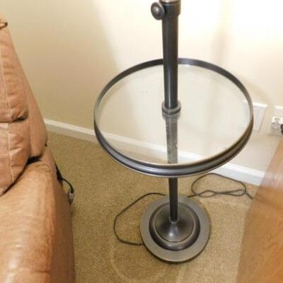 Contemporary Bronze Finish Post Floor Lamp with Adjustable Height Arm and Glass Table Accent