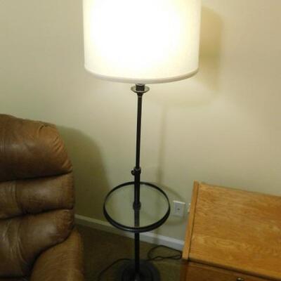 Contemporary Bronze Finish Post Floor Lamp with Adjustable Height Arm and Glass Table Accent