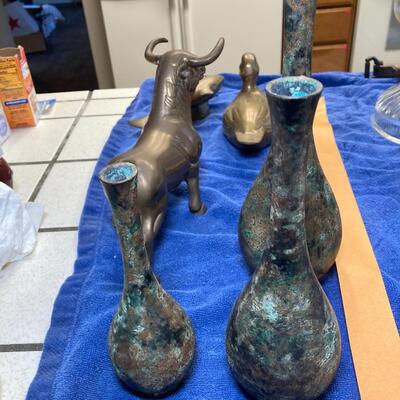 Lot 77:  Brass animal figures and metal vases