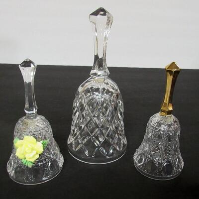 Three Vintage Glass Bells, Tall Unmarked Waffle Pattern, Small Taiwan Cane Pattern With Applied Porcelain Flower, and Small Taiwan Cane...