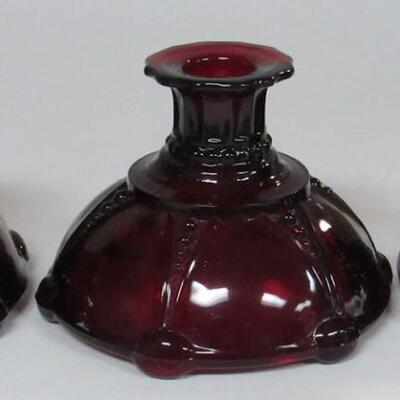 3 Depression Glass Ruby Red Oyster and Pearl Candle Holders