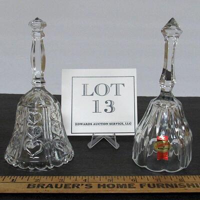 2 Vintage Lead Crystal Clear Bells, West Germany, Anna Hutte, Bleikristall, One With Hearts, One With Oblong Ovals