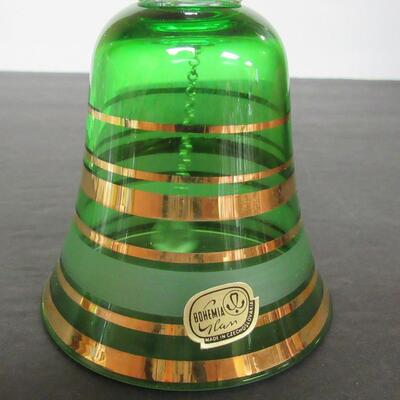 Vintage Bavarian Glass Bell, Green With Gold Bands