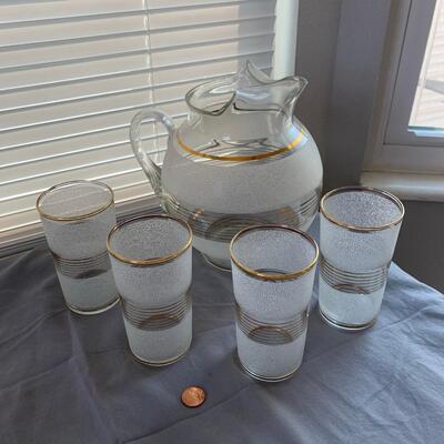 #53 1960s Gold Rimmed Style Striped Glasses & Pitcher
