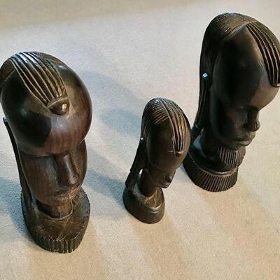 Three Carved Wooden African Busts