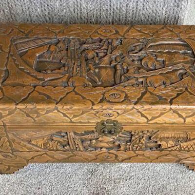 Vintage Carved Wooden Asian Cedar Chest