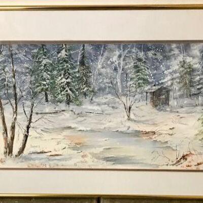 Framed Painting By Artist Doreck Winter Scene With Cabin