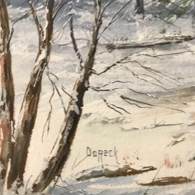 Framed Painting By Artist Doreck Winter Scene With Cabin