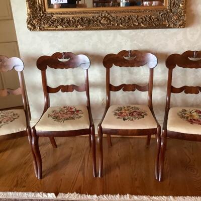 D511 Set of 4 Period Flame Mahogany Empire Needlepoint Chairs 