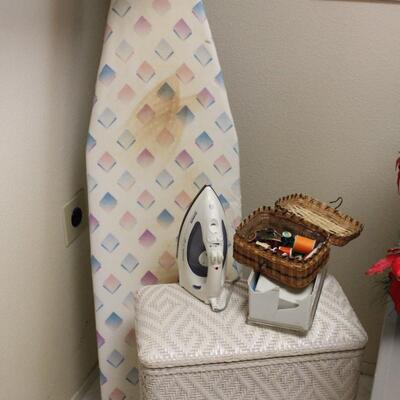 Lot 65 Iron, Ironing Board, Hamper & Sewing Kit
