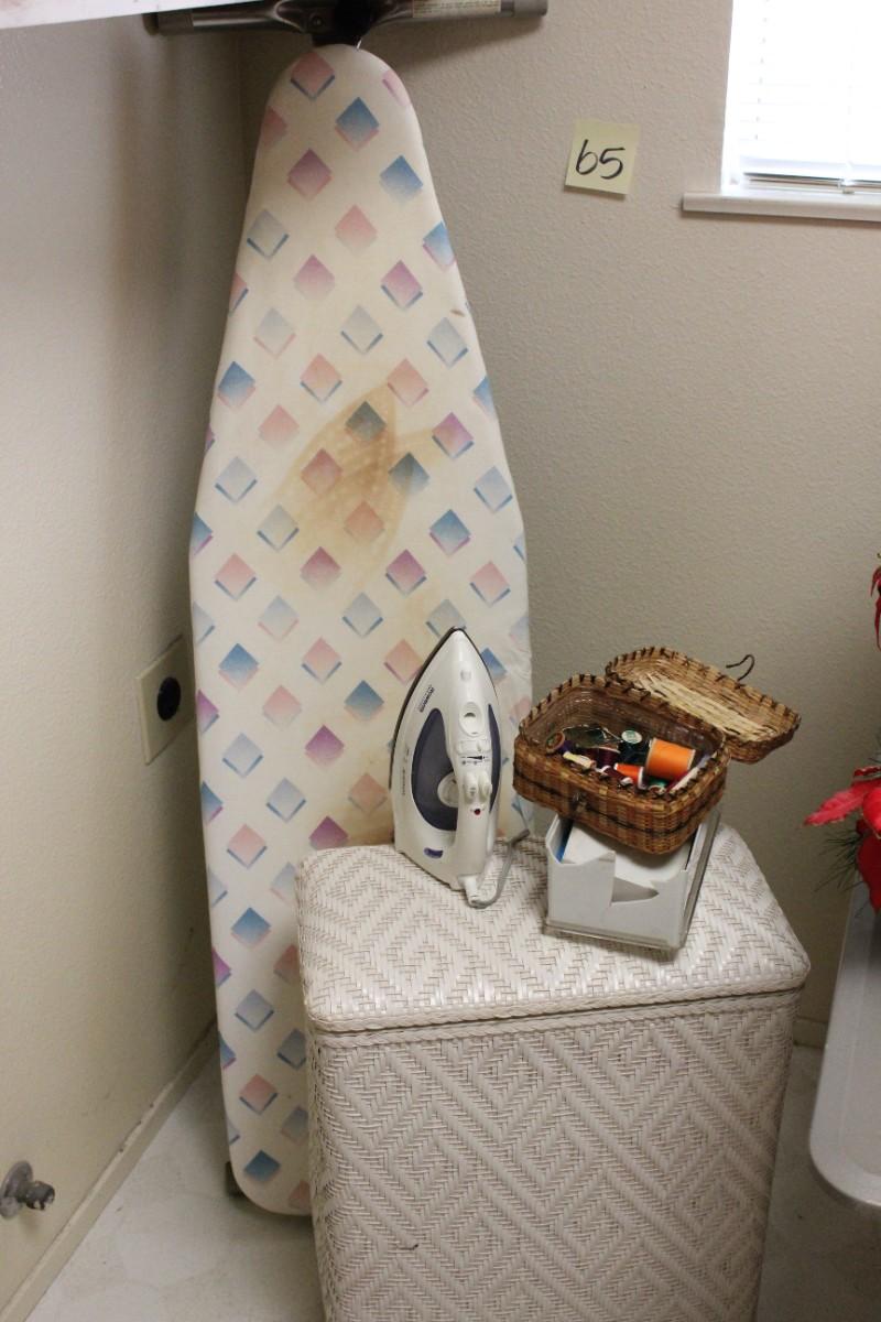 Lot 65 Iron, Ironing Board, Hamper & Sewing Kit
