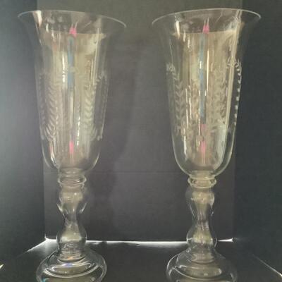 D520 Pair of Large Etched Glass Hurricane Candle Vases 
