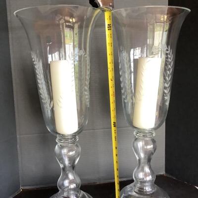 D520 Pair of Large Etched Glass Hurricane Candle Vases 