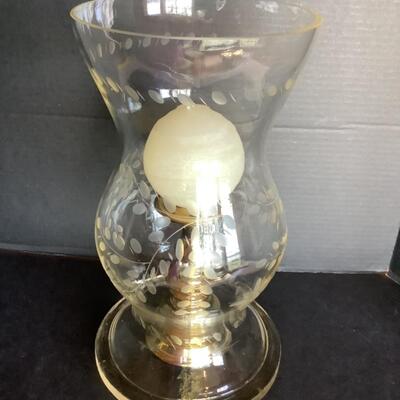 D521 Etched Glass Hurricane Globe with Brass Candlestick 