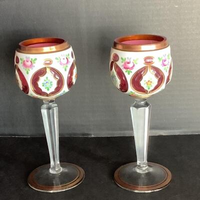 D522 Pair of Antique Cranberry White Overlay Hand painted Glass Goblets
