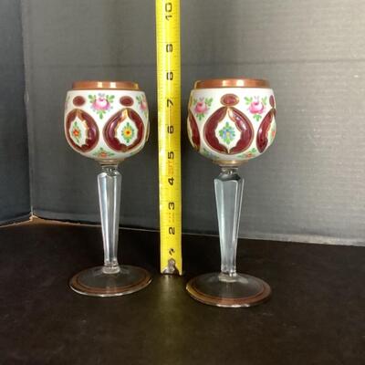 D522 Pair of Antique Cranberry White Overlay Hand painted Glass Goblets
