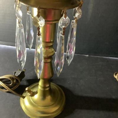 D523 Pair of Brass Mantel Lamps with Etched Glass Globes and Prisms 