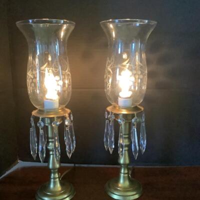 D523 Pair of Brass Mantel Lamps with Etched Glass Globes and Prisms 