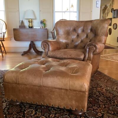 E536 Ralph Lauren Brown Leather Chair and Ottoman 