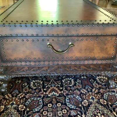 E539 Ralph Lauren Chippendale Style Mahogany and Studded Leather  Coffee Table 