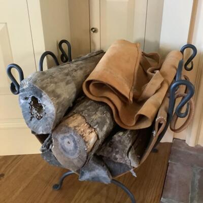 E554 Wrought Iron Leather Log Holder and Suede Wood Carrier 
