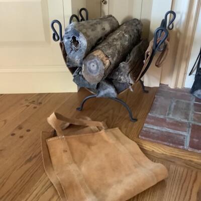 E554 Wrought Iron Leather Log Holder and Suede Wood Carrier 