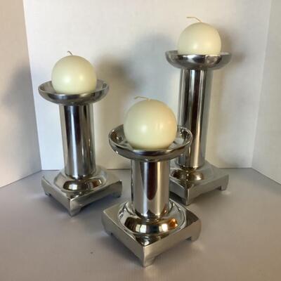 E560 Set of Three Aluminum Candlestick Holders with Candles 