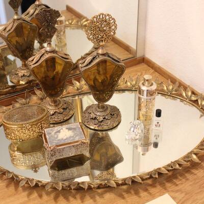 Lot 105 Ornate Gold Vanity Tray, Perfume & Jewelry Boxes