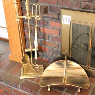 Lot 143 Brass Metal Fire Place Tools & Wood Basket