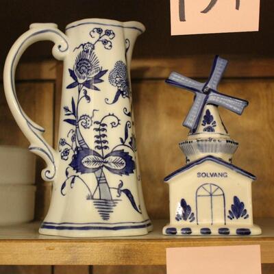 Lot 157 Blue & White Ceramic Pitcher & Solvang Souvenir
