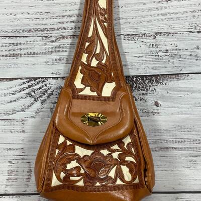 Vintage Two Tone Tooled Leather Strap Purse