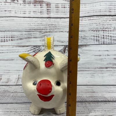 Vintage Small Mexican Floral Plaster Piggy Bank with Coins Inside
