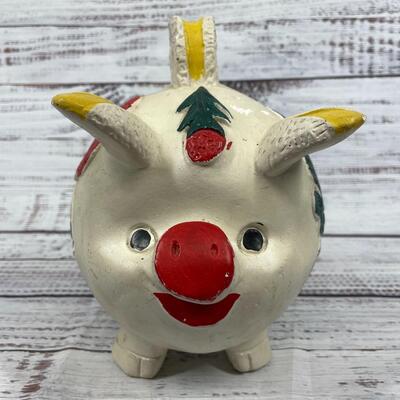 Vintage Small Mexican Floral Plaster Piggy Bank with Coins Inside