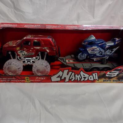 Top Champion Monster Truck w/Trailer and Motorcycle Sets, NIB- QTY 3