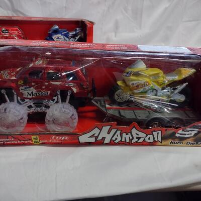 Top Champion Monster Truck w/Trailer and Motorcycle Sets, NIB- QTY 3