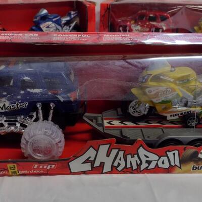 Top Champion Monster Truck w/Trailer and Motorcycle Sets, NIB- QTY 3
