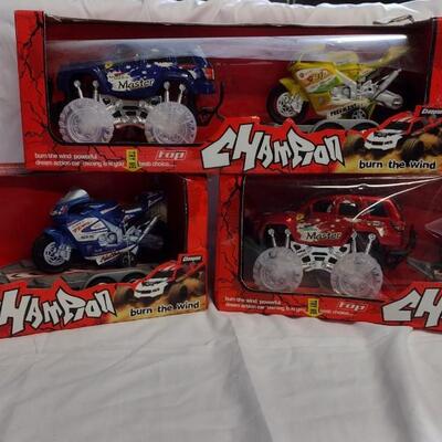 Top Champion Monster Truck w/Trailer and Motorcycle Sets, NIB- QTY 3