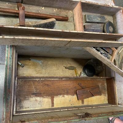 Antique Wooden Tool Box with Multiple Shelfs & Tools