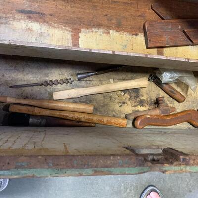 Antique Wooden Tool Box with Multiple Shelfs & Tools