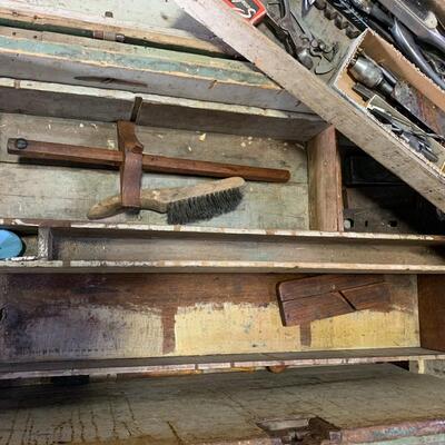 Antique Wooden Tool Box with Multiple Shelfs & Tools