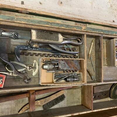 Antique Wooden Tool Box with Multiple Shelfs & Tools