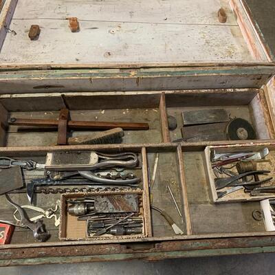 Antique Wooden Tool Box with Multiple Shelfs & Tools