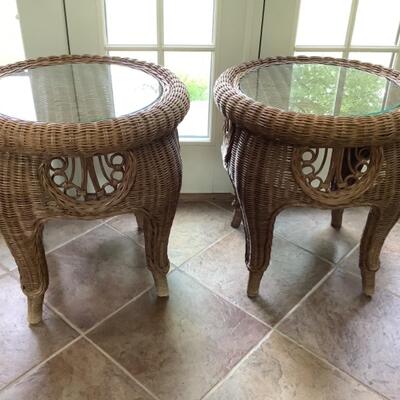 F618 Pair of Ethan Allen Round Wicker Glass-top Tables  