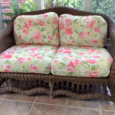 F619 Ethan Allen Wicker Loveseat and Cushions 