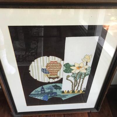 4 PC ASSORTED FRAMED NEEDLEPOINT ART