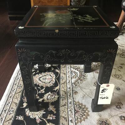 CHINOISERIE ROSES/BLACK LAQUER GLASS TOP SIDE TABLE
