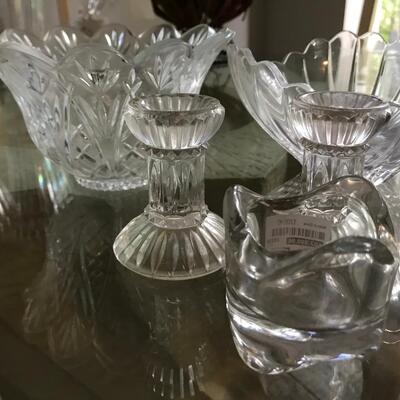 7PC GLASS/CRYSTAL, CANDLESTICKS, BOWLS & VOTIVE
