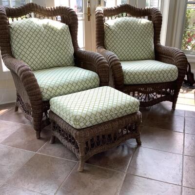 F625 Pair of Ethan Allen Wicker Chairs and Ottoman 
